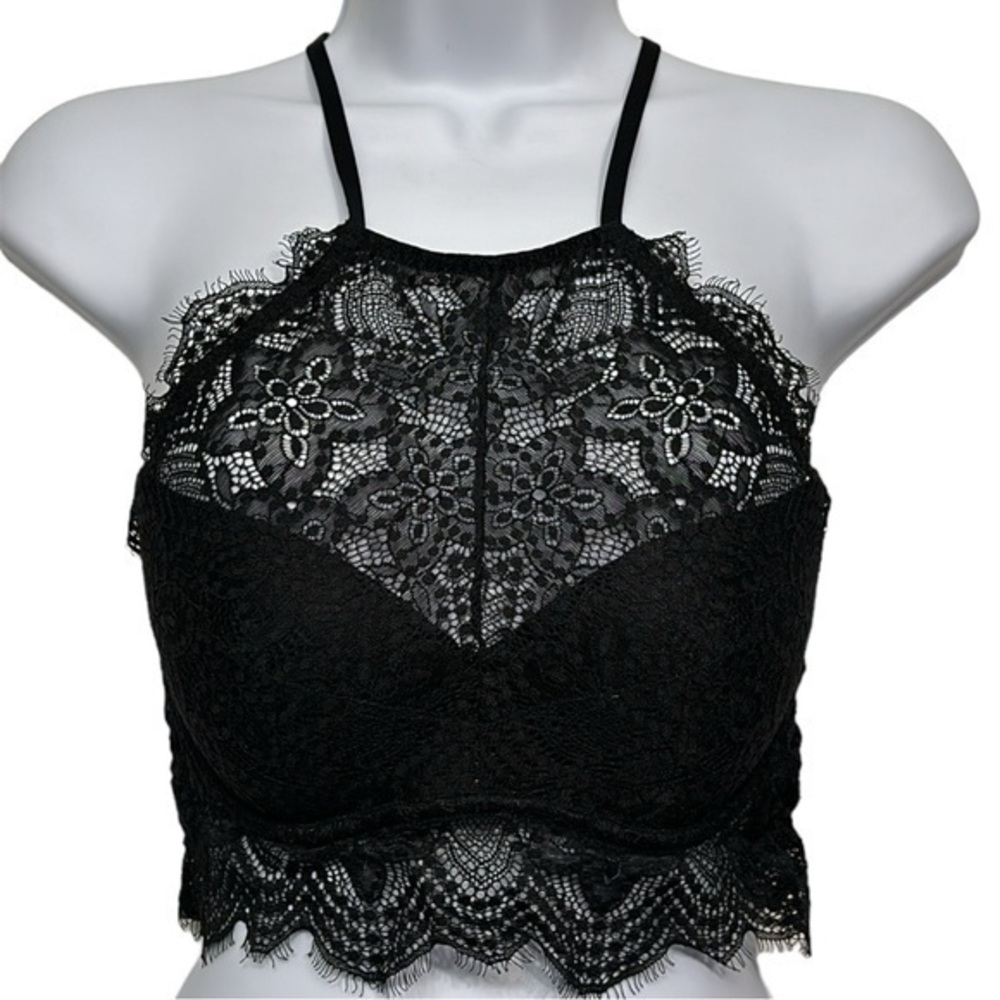 Victoria's Secret PINK Halter Bralette Bra Black Lace Cutout Racerback Small EUC